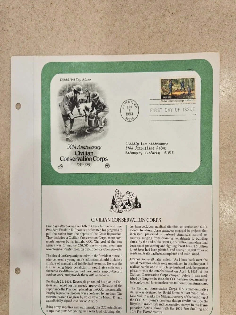 RARE COLLECTIBLE USPS 1ST DAY ISSUE COVER CIVILIAN CONSERVATION CORPS STAMP FDC